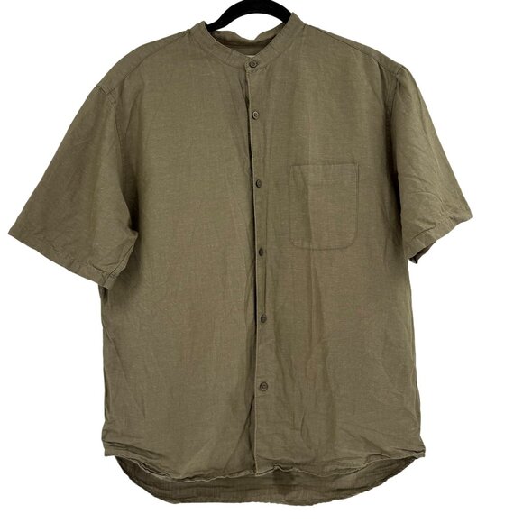 Unisex Uniqlo Olive Green Linen-Cotton Short Sleeve Button-Up Shirt Size M - Picture 1 of 9